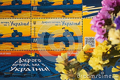 KYIV, UKRAINE - November 03: Limited edition of new Ukrainian stamp â€œGood evening, we are from Ukraine!â€. New postage stamp by Editorial Stock Photo